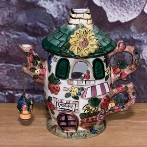 Elements Ceramic "Veggie Shop" Tea Light Teapot Shaped House Rare HTF